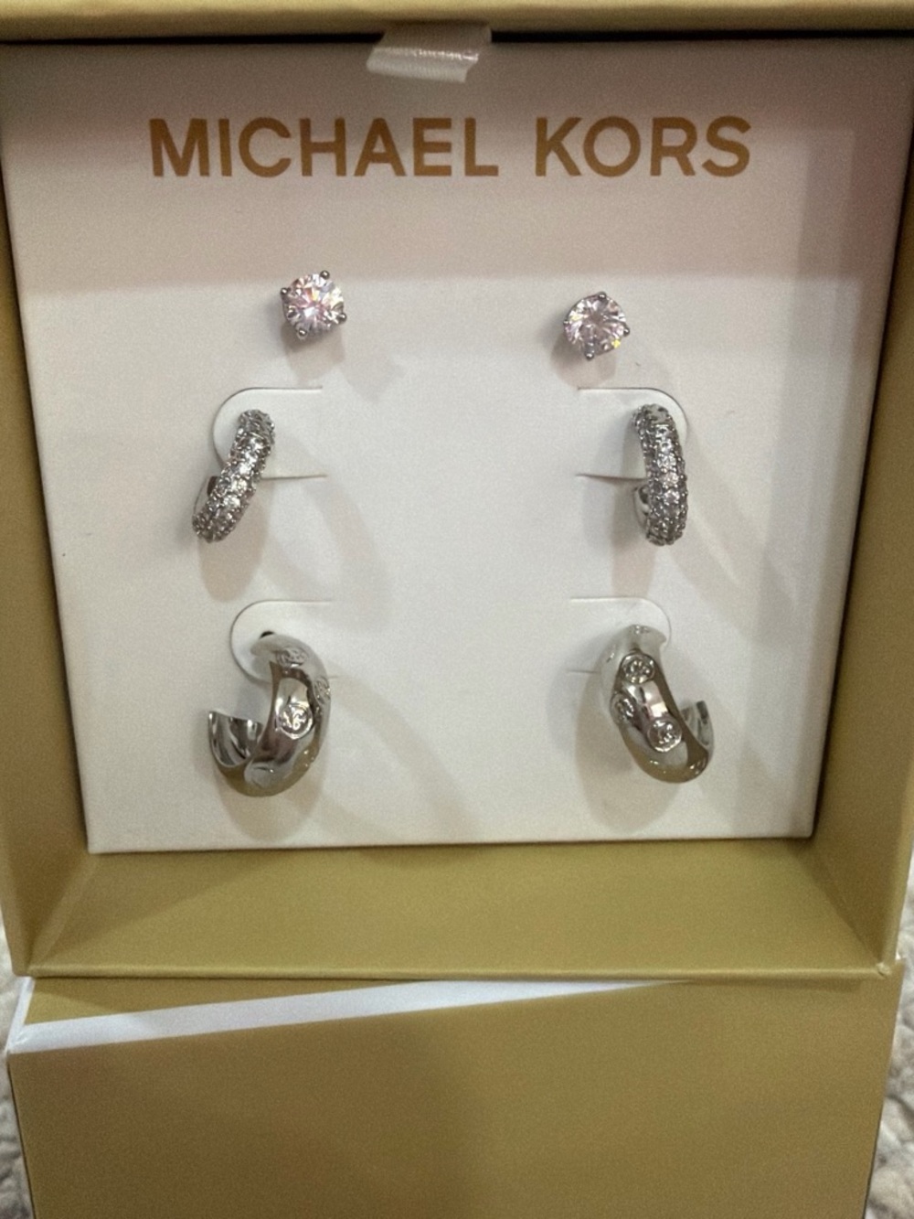 Michael Kors Silver 3-Pair Hoop and Stud Earring Set with Sparkling Stones